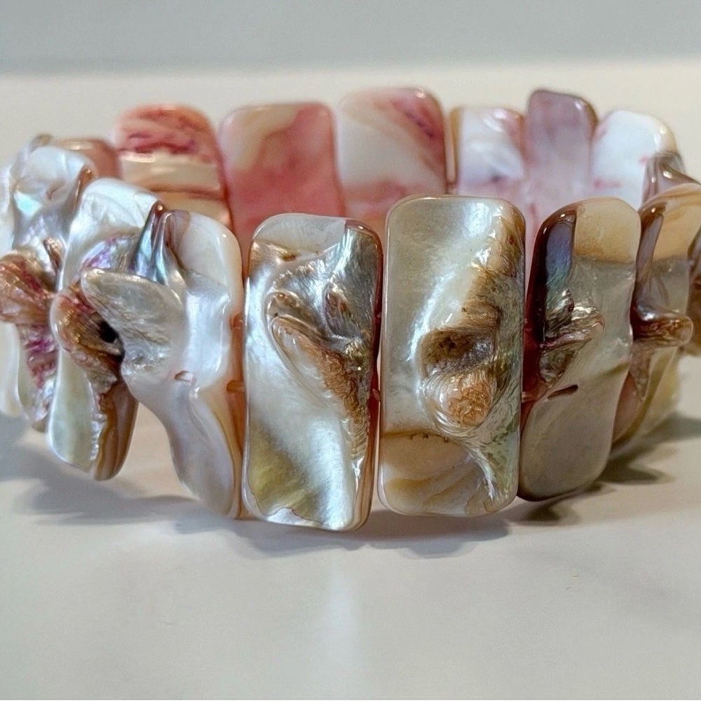 Vintage Mother of Pearl Shell Thick Panel Bracelet Pink Resort Glam